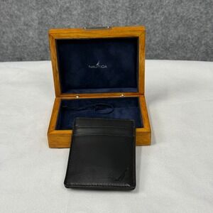 Nautica Mens Black Leather‎ Card Holder Wallet Money Clip With Wooden Box